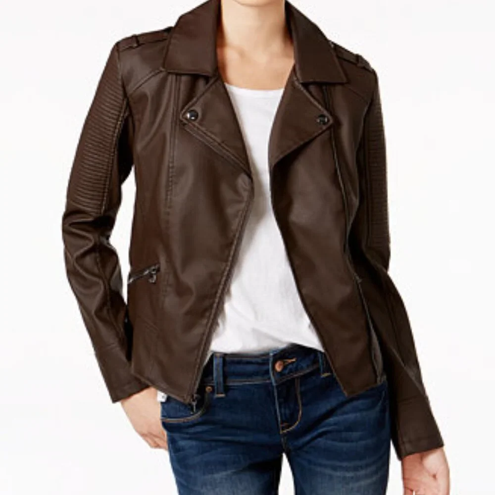 Celebrity Pink Juniors Womens Brown Faux Leather Moto Jacket Size Small - Picture 1 of 8